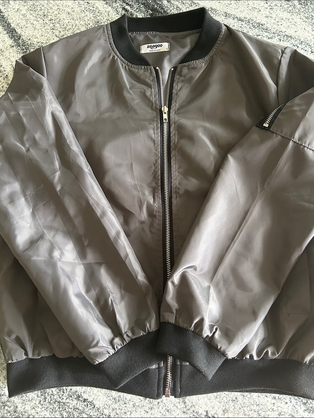 zeagoo Women's Gray Satin Bomber Jacket with Black Trim